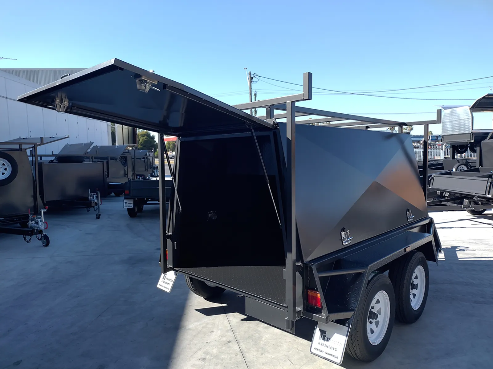 8x5 one piece tadesmand trailer for sale NSW with rear lift up door 10